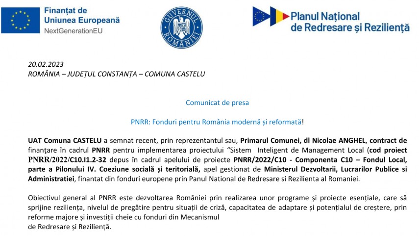 UAT Comuna CASTELU anunta implementarea proiectului Sistem  Inteligent de Management Local