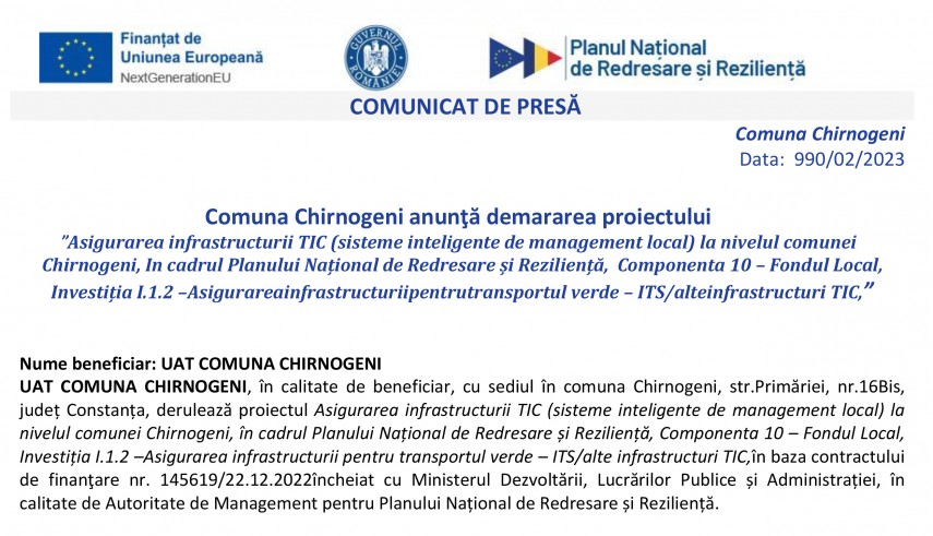 Comuna Chirnogeni anunta demararea proiectului Asigurarea infrastructurii TIC (sisteme inteligente de management local) la nivelul comunei Chirnogeni    