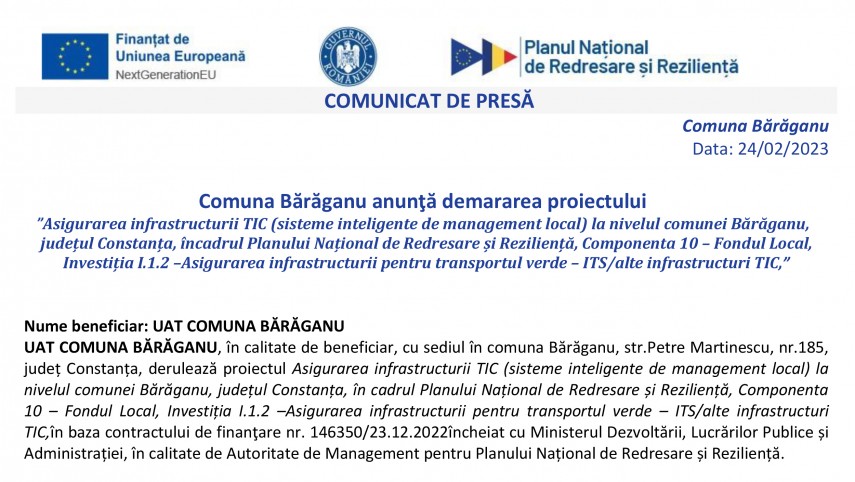 Comuna Baraganu anunta demararea proiectului Asigurarea infrastructurii TIC (sisteme inteligente de management local) la nivelul comunei Baraganu   