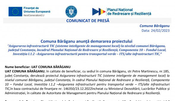 Comuna Baraganu anunta demararea proiectului Asigurarea infrastructurii TIC (sisteme inteligente de management local) la nivelul comunei Baraganu    