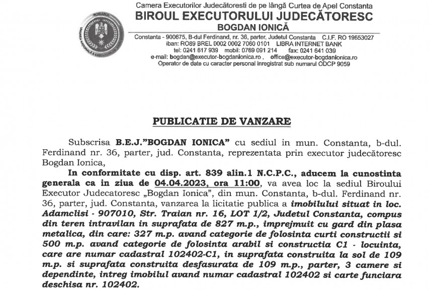 Publicatie de vanzare BEJ Bogdan Ionica - imobil situat in localitatea Adamclisi