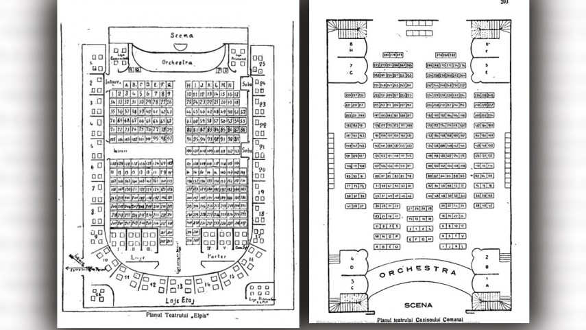 Planul teatrului „Elpis“ și planul teatrului Cazinoului Comunal. Sursă foto: „Constanţa şi Techirghiol, 1924: ghid ilustrat pentru vizitatori” de de Th. Ionescu și I. N. Duployen 