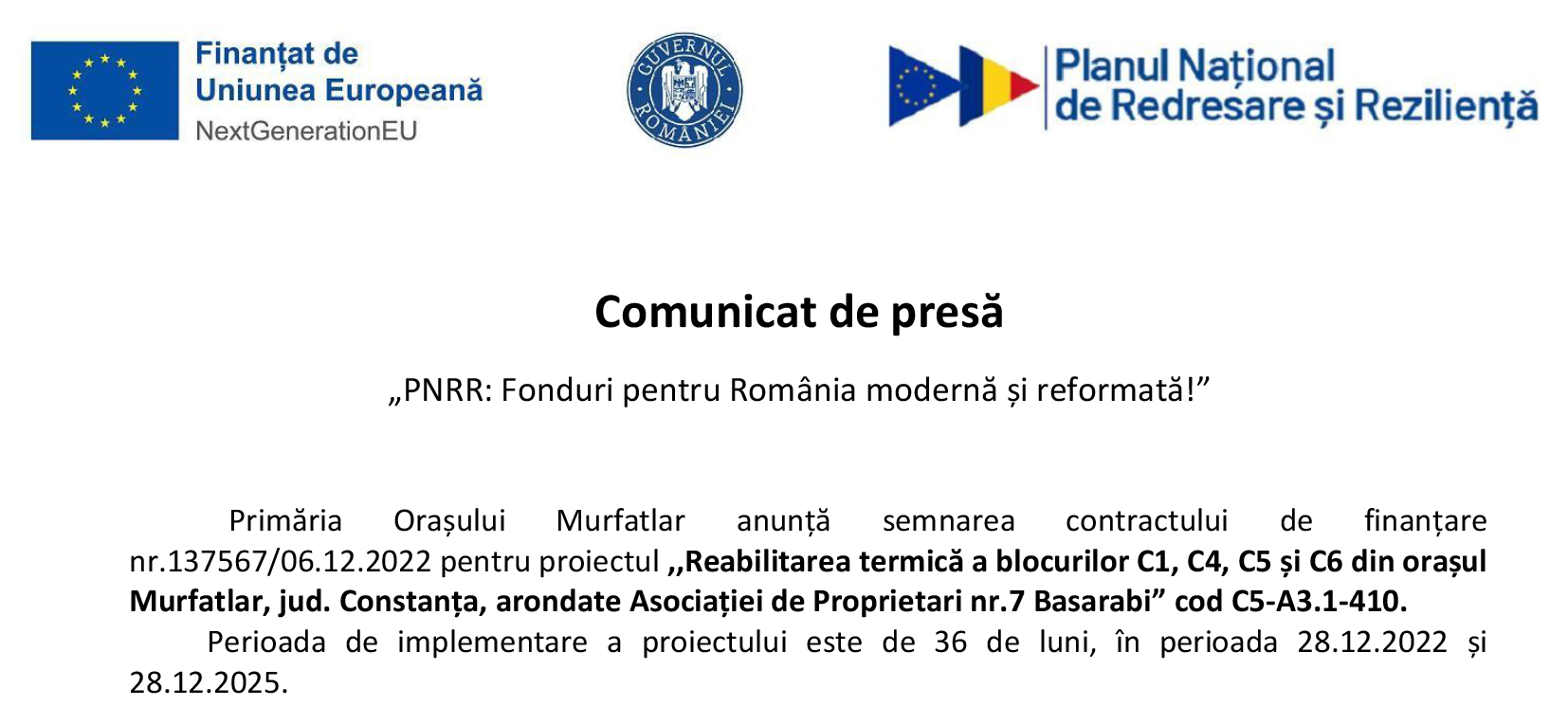 Comunicat de presa: PNRR - Fonduri pentru Romania moderna si reformata! 