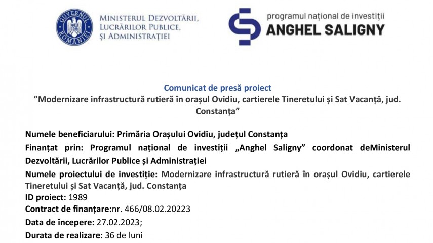 Comunicat de presa proiect: Modernizare infrastructura rutiera in orasul Ovidiu, cartierele Tineretului si Sat Vacanta, jud. Constanta  