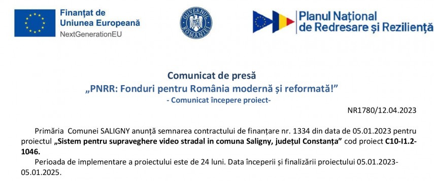 Primaria  Comunei SALIGNY anunta semnarea contractului de finantare pentru proiectul Sistem pentru supraveghere video stradal in comuna Saligny, judetul Constanta   