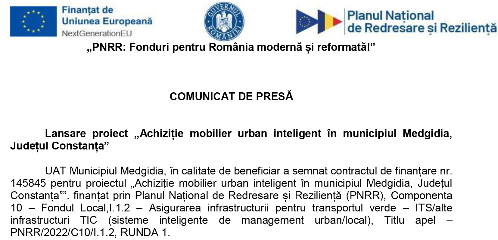 Comunicat de Presa: Lansare proiect Achizitie mobilier urban inteligent in municipiul Medgidia, Jud. Constanta  