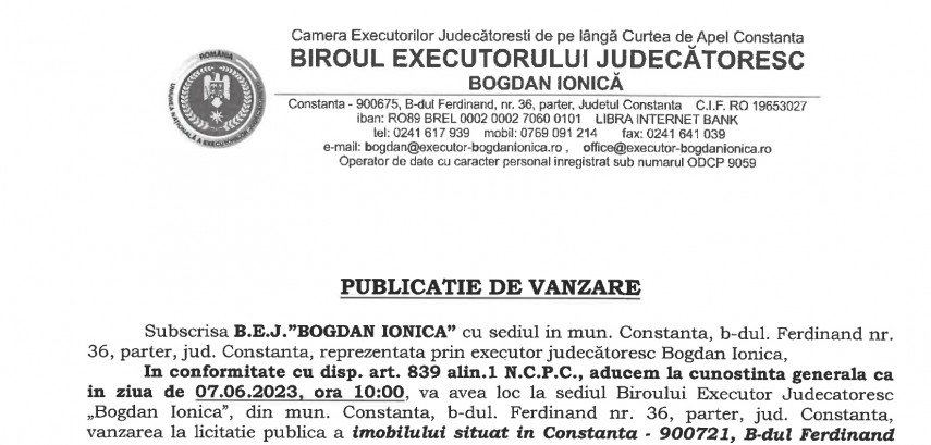 Publicatie de vanzare BEJ Bogdan Ionica - imobil situate in localitatea Constanta