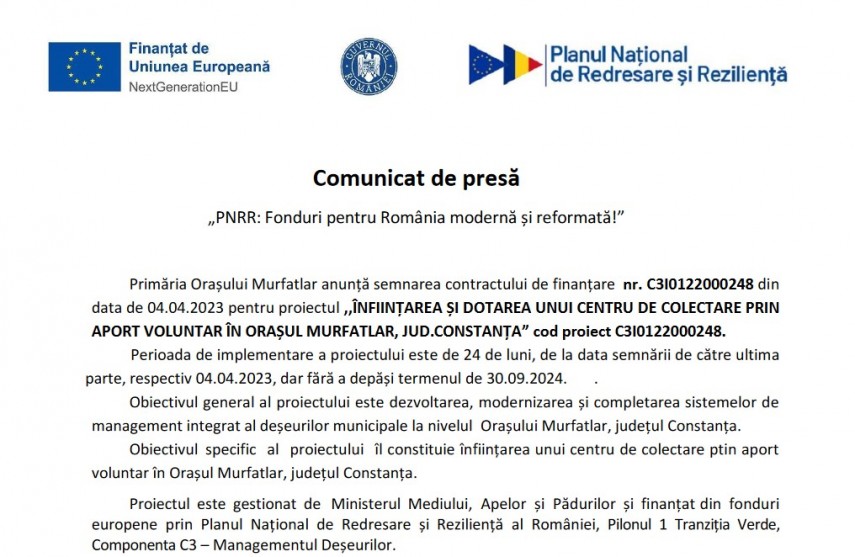 Comunicat de presa Primaria Orasului Murfatlar: PNRR - Fonduri pentru Romania moderna si reformata!  