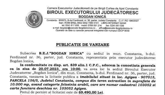 Publicatie de vanzare BEJ Bogdan Ionica - imobil situat in Agigea  