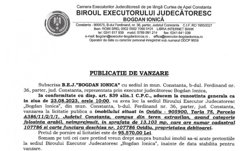 Publicatie de vanzare BEJ Bogdan Ionica - imobil situat in Ovidiu