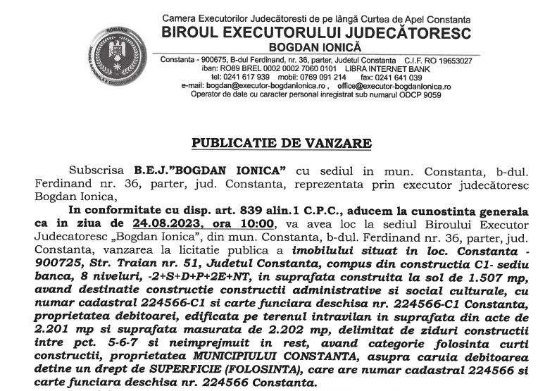 Publicatie de vanzare BEJ Bogdan Ionica - imobil situat in Constanta, strada Traian - sediu banca