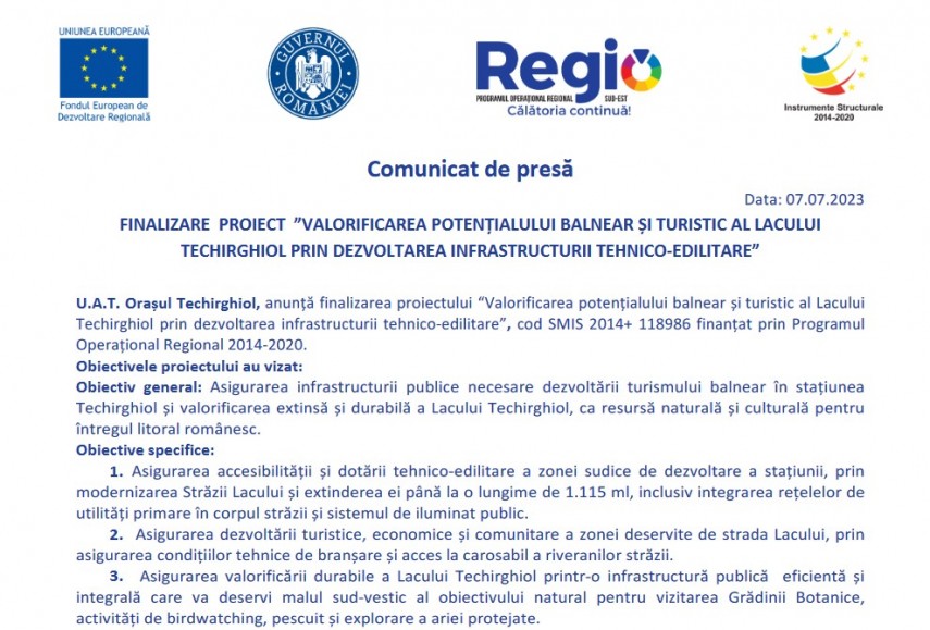Comunicat de presa: Finalizare proiect Valorificarea potentialului balnear si turistic al Lacului Techirghiol prin dezvoltarea infrastructurii tehnico-edilitare   
