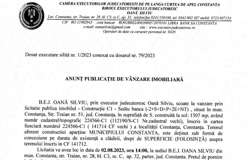 Publicatie de vanzare BEJ Oana Silviu - imobil Constructie C1 - Sediu banca situat in Constanta