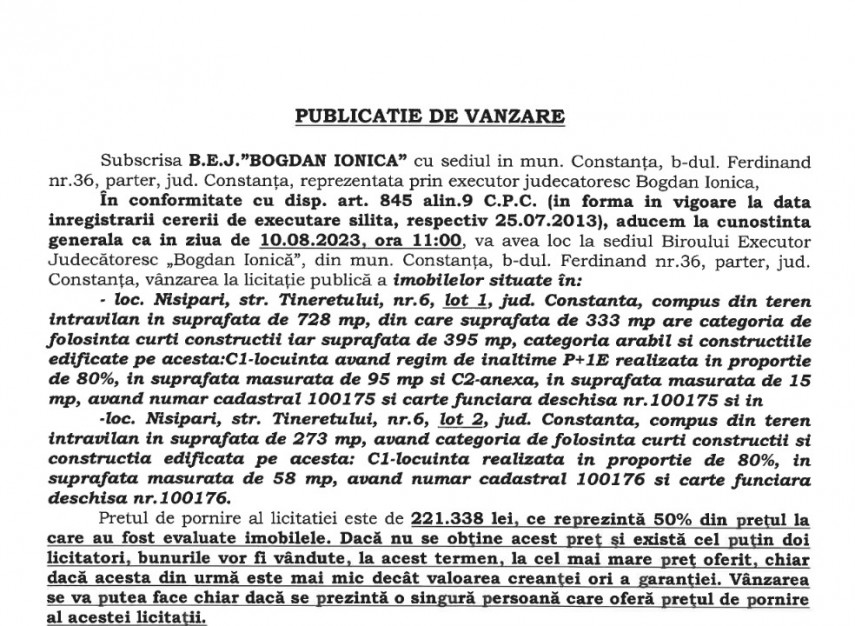 Publicatie de vanzare BEJ Bogdan Ionica - imobile situate in Nisipari