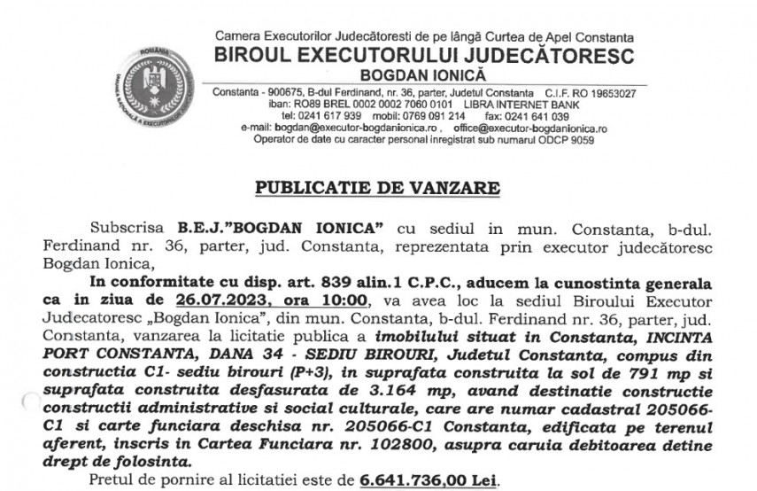 Publicatie de vanzare BEJ Bogdan Ionica - imobil situat in Incinta Port Constanta, Dana 34 - sediu birouri 