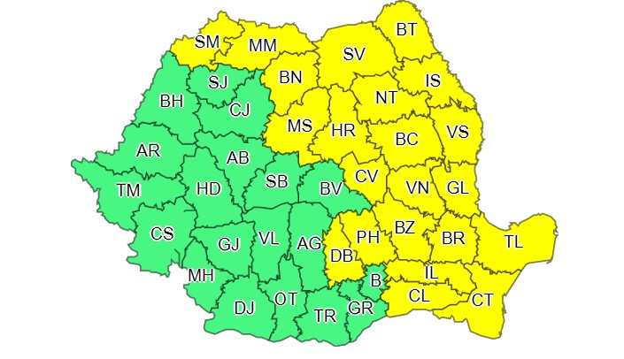 Zonele vizate de codul galben de instabilitate atmosferică. Sursă foto: meteoromania.ro