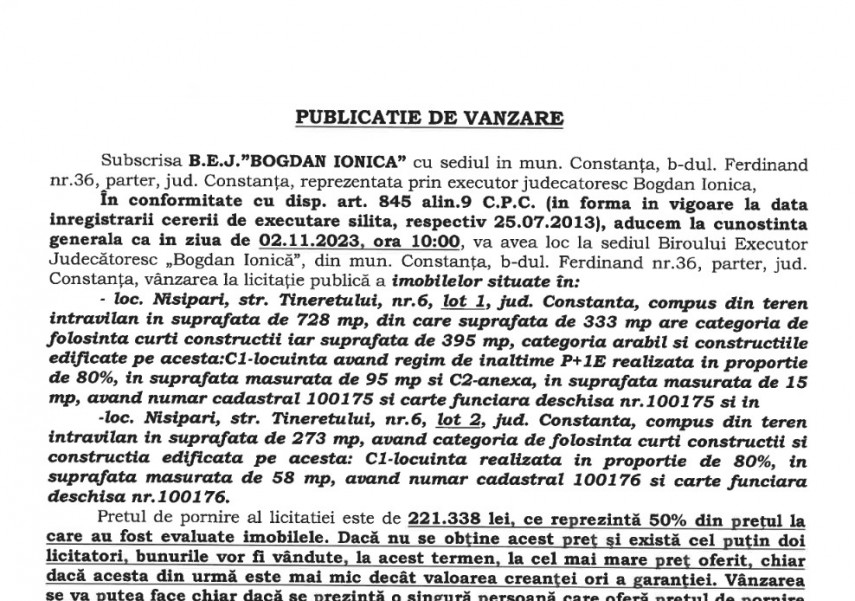 Publicatie de vanzare BEJ Bogdan Ionica - imobile situate in Nisipari, judetul Constanta