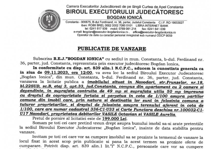 Publicatie de vanzare BEJ Bogdan Ionica - imobil situat in Navodari, judetul Constanta