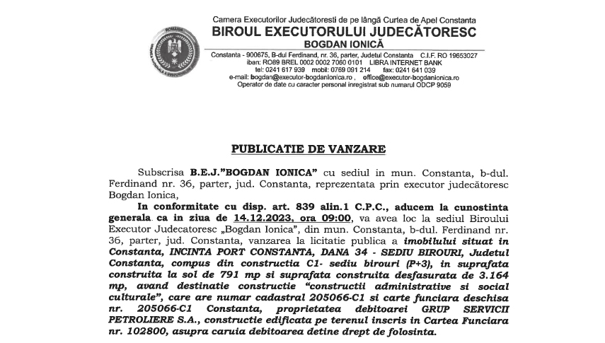 Publicatie de vanzare BEJ Bogdan Ionica - imobil situat in INCINTA PORT CONSTANȚA