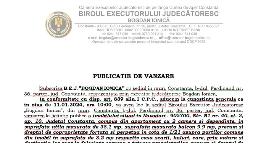Publicatie de vanzare BEJ Bogdan Ionica - imobil situat in Navodari - 905700