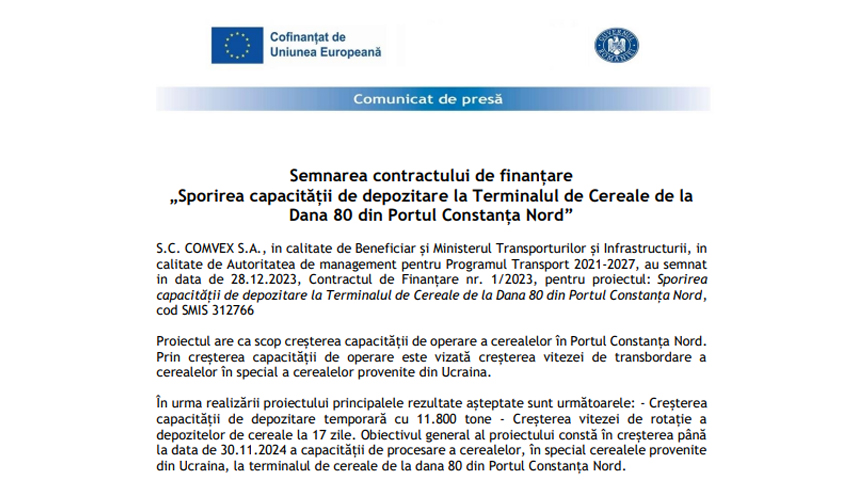 Semnarea contractului de finantare Sporirea capacitatii de depozitare la Terminalul de Cereale de la Dana 80 din Portul Constanta Nord    
