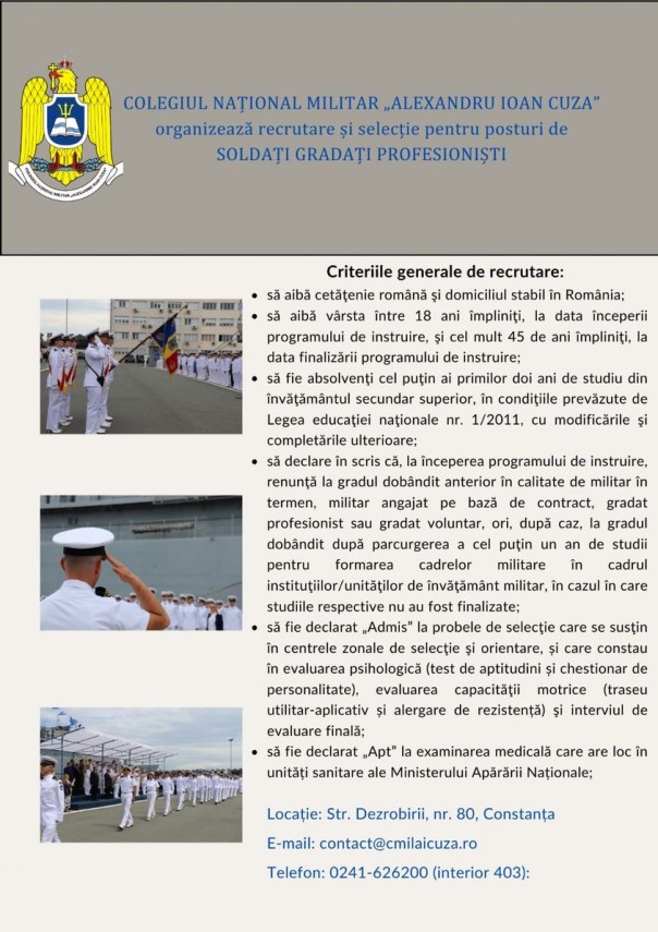 CNMAIC Constanta: Perioada de inscriere pentru ocuparea posturilor de soldat gradat profesionist s-a prelungit 