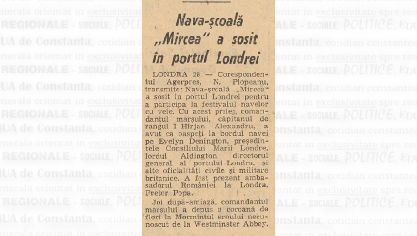 Escala navei-școală „Mircea” la Londra – cotidianul „România Liberă”, 29 august 1975, p. 6