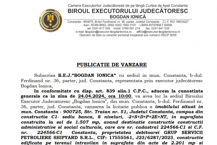 Publicatie de vanzare BEJ Bogdan Ionica - imobil situat in Constanta, strada Traian nr. 51
