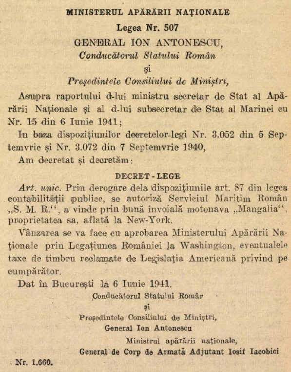 Decretul nr. 1660 din 6 iunie 1941 privind autorizarea Serviciului Maritim Român de a vinde prin bună învoială motonava „Mangalia” 