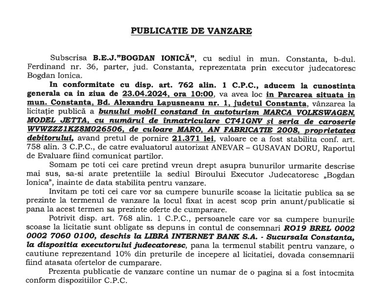 Publicatie de vanzare BEJ Bogdan Ionica - autoturism marca Volkswagen model Jetta