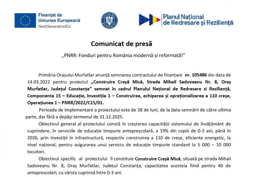 Comunicat de presa Primaria Orasului Murfatlar: PNRR - Fonduri pentru Romania moderna si reformata! - Construire Cresa Mica, strada Mihail Sadoveanu nr. 8, oras Murfatlar, judetul Constanta 