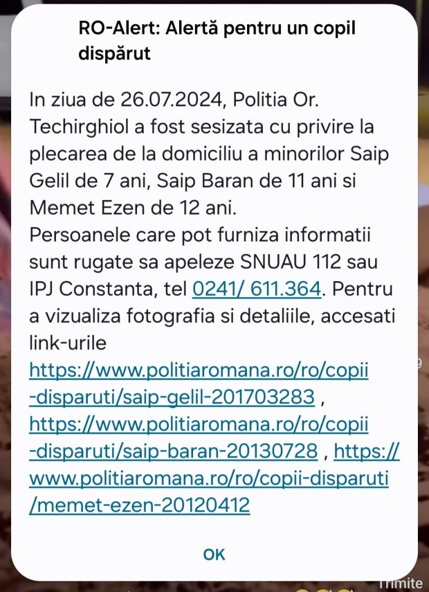 Mesaj Ro-Alert in Constanta pentru 4 minori disparuti! 