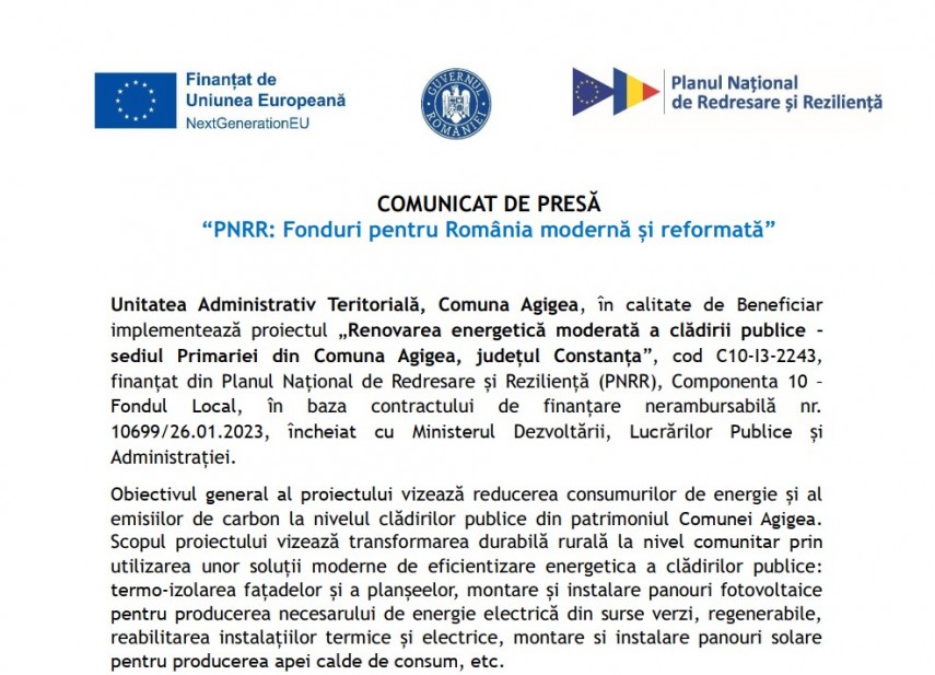Comunicat de presa UAT Comuna Agigea: PNRR - Fonduri pentru Romania moderna si reformata