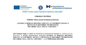 COMUNICAT DE PRESĂ - COMUNA TUZLA ,,Dotarea cu mobilier, materiale didactice și echipamente digitale a unităților de învățământ preuniversitar din comuna Tuzla, județul Constanta “