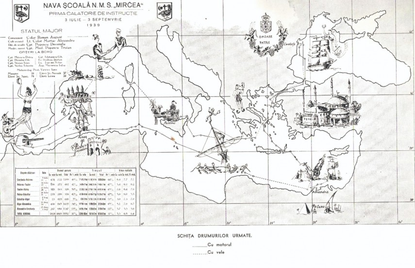 Itinerariul primului voiaj de instrucție efectuat de nava-școală “Mircea” în perioada 3 iulie-3 septembrie 1939