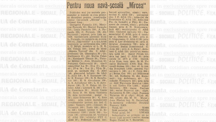 Membrii familiei Faraudo în fruntea listei de donatori pentru construcția navei-școală „Mircea”