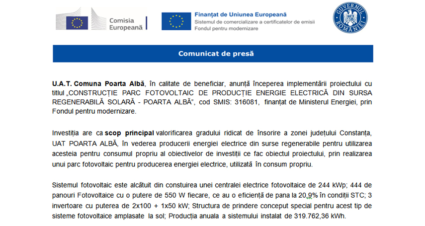 Comunicat de presa: UAT Comuna Poarta Alba anunta inceperea implementarii proiectului constructie parc fotovoltaic