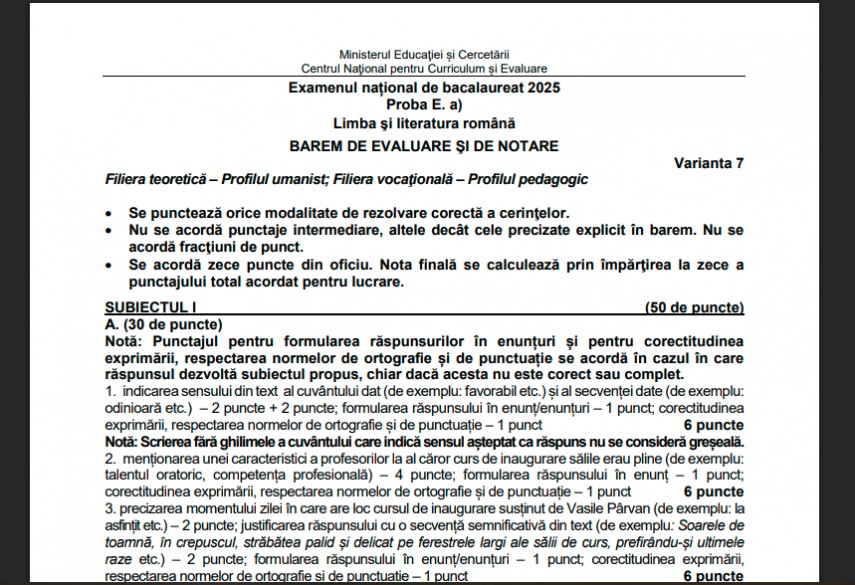 Bacalaureat 2025: Barem de corectare si notare pentru proba de Limba Romana, filiera teoretica, profilul umanist, filiera vocationala, profilul pedagogic (DOCUMENT)     