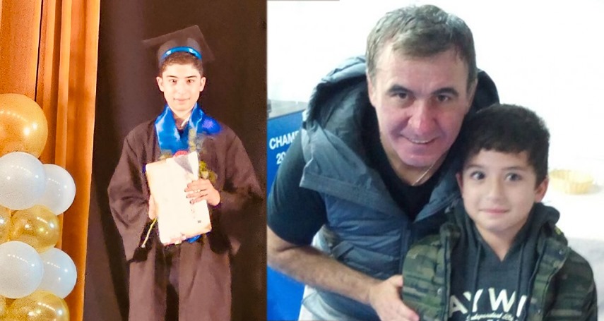 În stânga, Andrei Teodorescu, la 15 ani, ca șef de promoție, iar în dreapta, la 7 ani, alături de Hagi, la conferința de presă. Sursa foto colaj: Facebook (Loredana Teodorescu)