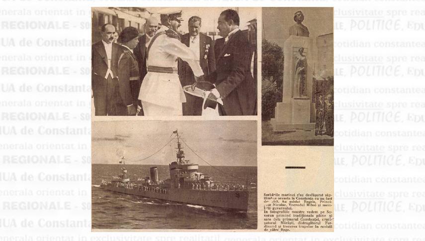 Statuia poetului Mihai Eminescu, dezvelită pe faleza Cazinoului din Constanța miercuri, 15 august 1934, cu prilejul serbărilor Marinei Regale Române. Sursa: „Realitatea ilustrată”