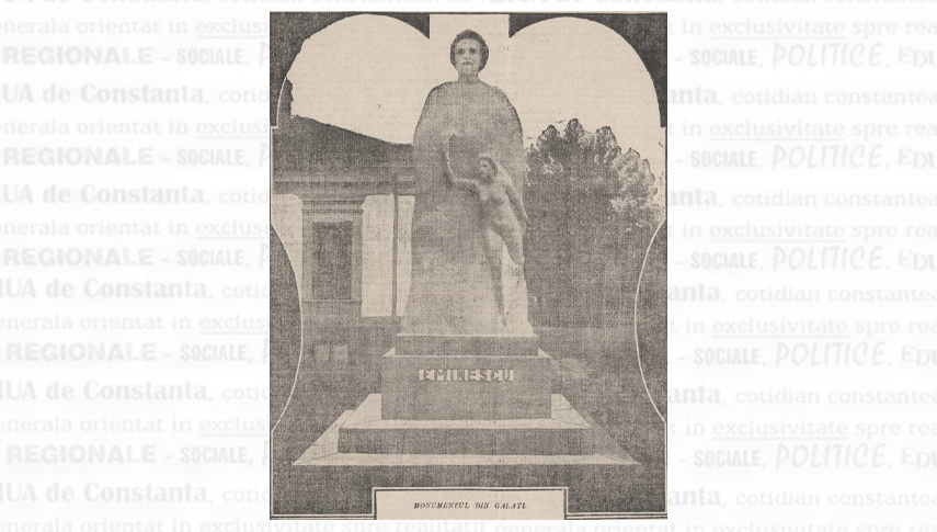 Monumentul dedicat poetului Mihai Eminescu din parcul municipal Galați. Fotografie publicată de ziarul „Minerva”, Anul VI, nr. 1975, marți, 17 iunie 1914, p. 3