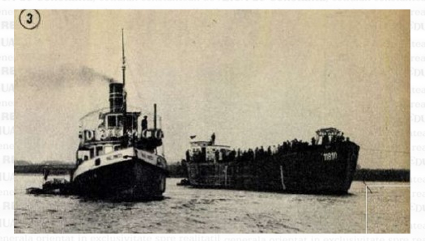 Remocherul„Mihai Eminescu” (stânga), singura navă sub pavilion românesc care a purtat numele poetului național. Sursa: Revista „Flacăra”, Anul IX, 12 noiembrie 1960