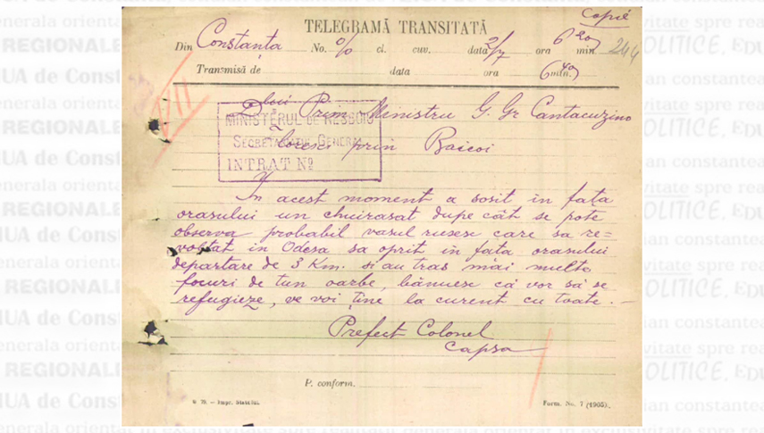 19 iunie 1905. Telegrama expediată prim-ministrului Gheorghe Grigore Cantacuzino de prefectul Constanței, colonelul Mihail Capșa, cu privire la sosirea cuirasatului „Potemkin”
