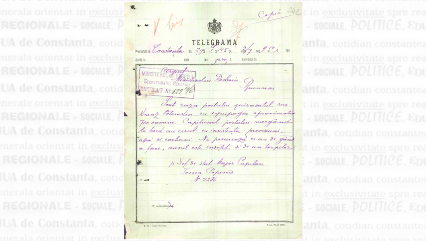 19 iunie 1905. Telegrama expediată de căpitanul Toma Popescu în urma vizitei la bordul crucișătorului “Potemkin”