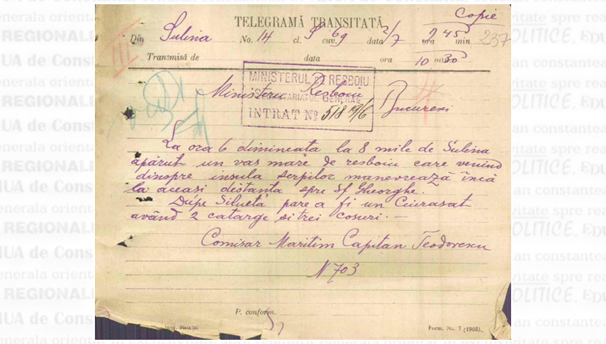 19 iunie 1905. Telegrama expediată Ministerului de Război de căpitanul Theodorescu, comisar maritim la Sulina
