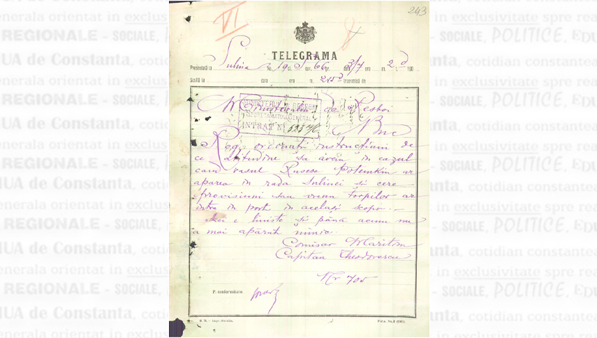 19 iunie 1905. Telegrama prin care căpitanul Theodorescu solicită instrucțiuni privind atitudinea ce urma să fie adoptată dacă navele rusești ar intra în portul Sulina