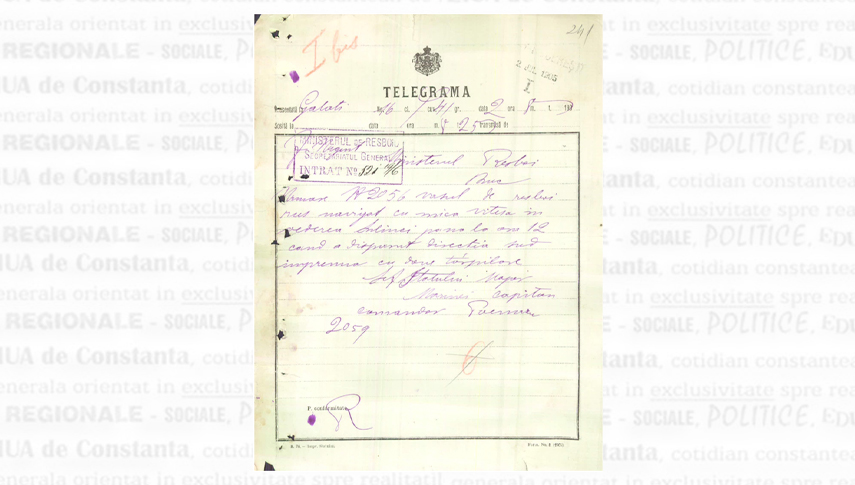 19 iunie 1905. Telegrama căpitan-comandorului DumitruPoenaru prin care era semnalată dispariția navelor rusești din preajma Sulinei