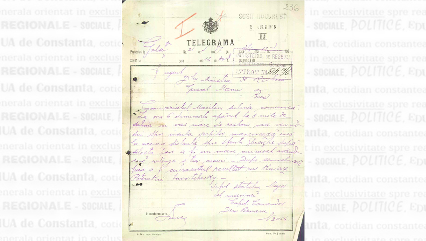 19 iunie 1905. Telegrama trimisă ministrului de Război,generalul Gheorghe Manu de căpitan-comandorul Dumitru Poenaru, șeful Statului Major al Marinei