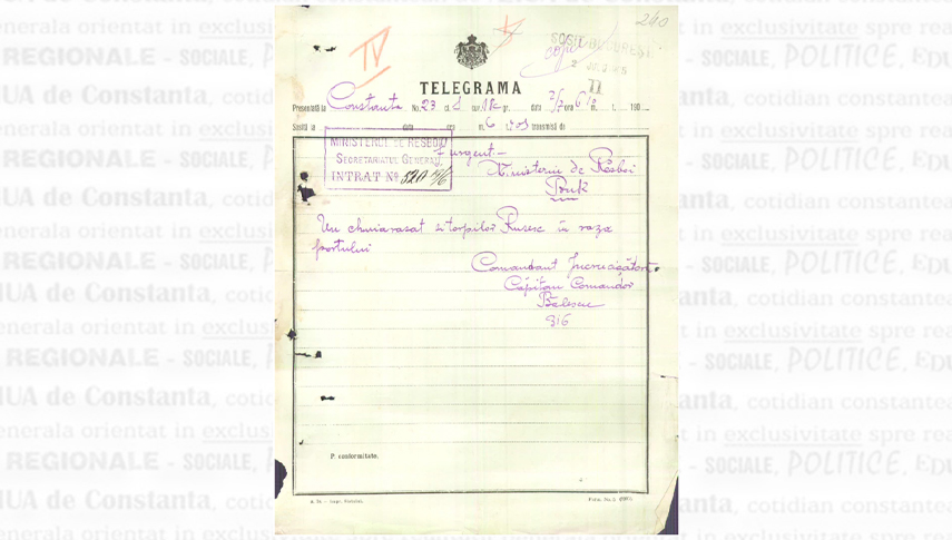 Înștiințarea căpitan-comandorului Constantin Bălescu, comandantul crucișătorului “Elisabeta” privind prezența celor două nave rusești în apropierea portului Constanța