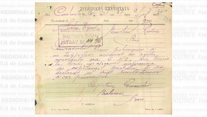 19 iunie 1905. Telegrama transmisă de căpitanul-comandor Constantin Bălescu către Ministerul de Război